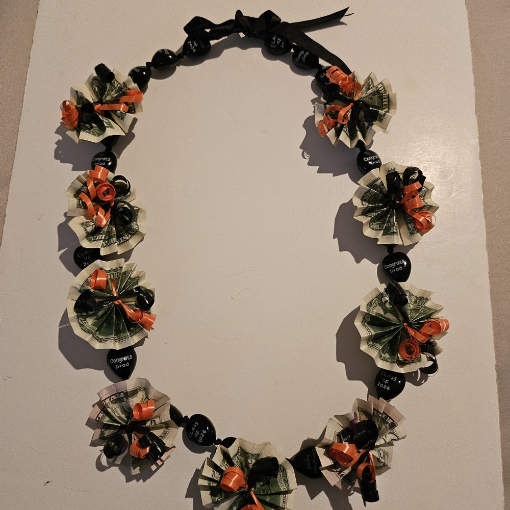 Class of 2024, graduation Money kukui nut lei - orange and black